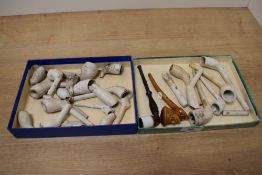 A collection of clay pipes and clay pipe bowl fragments, some unusual novelty pipes including clawed