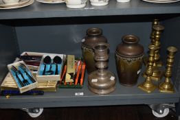 A pair of late 19th Century Art Nouveau copper and brass vases, measuring 22cm tall, together with