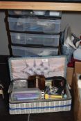 A vintage sewing box full of haberdashery, and a set of drawers containing buttons, zips etc, etc.
