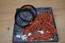 Four vintage branch coral necklaces, an Indian style bangle and a horn serpent bangle.