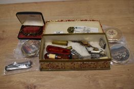 A selection of vintage compacts, costume jewellery and hat pins, Hallmarked silver vesta case and