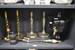 A Victorian porcelain samovar or tea urn, together with a collection of metalware, to include candle