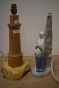 A lladro, or Lladro style lamp base and a turned wood lamp base.