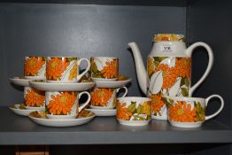 A Mid century Midwinter coffee service, having bright orange floral design on white ground,