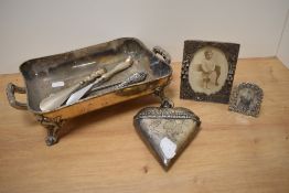 Two hallmarked silver handled button hooks and a shoe horn, sold with a selection of plated ware