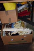 Three boxes of material, mixed sizes, styles etc, perfect for crafts and projects.