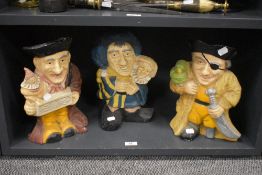 Three novelty cast iron door stops, modelled as 19th Century characters including a pirate, the