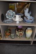 A Staffordshire pottery dog, an Adams blue and white bowl and shallow dish, a cake stand in the