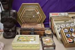 An Eastern design hexagonal jewellery box with lined interior, a continental pine box with metal