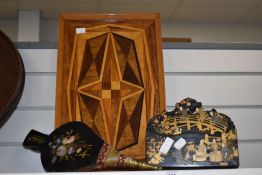 A vintage inlaid tray, a Chinese style lacquered letter rack and a set of antique mother of pearl