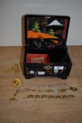 A 20th Century Japanese lacquered jewellery box, the lid having a hand painted peacock design within