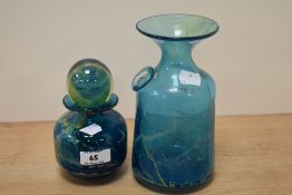 A Mdina style blue glass carafe or vase, with Maltese cross decoration, measuring 21cm tall, and a