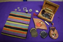 Two antique coin burses, a 1930s handkerchief case, a wooden box of buttons and trinkets and two