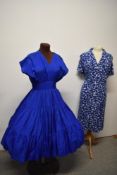A 1940s Royal blue tiered dress, having full skirt and fitted under bust,sold with a patterned