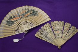 A vintage fan, having bone ribs, sold with another paper fan with hand painted decoration.