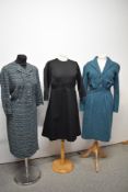 Three vintage dresses, including 1950s/1960s brushed cotton dress on teal and black and 1960s