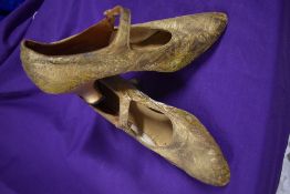 A pair of 1930s gold lame shoes and a pair of 1920s/30s pink silk flapper shoes, AF, silk
