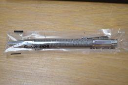 A boxed Caran d'Ache Varius Ivanhoe ballpoint pen in woven steel Ref:4480.014. As new still sealed