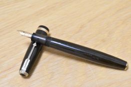 A Parker Duofold button fill fountain pen in chocolate brown with decorative band to the cap