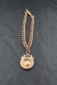 A 9ct rose gold curb link bracelet with attached 9ct gold medallion, approx 34.2g