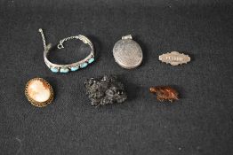 A small selection of vintage jewellery including black mourning brooch, silver locket having