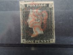 GB 1840 1D PENNY BLACK, 4 MARGINS, CORNER LETTERS KH WITH RED MALT X CANCEL 1D black with four