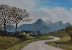 Martin Shough, acrylic, 'Ben Loyal and St Andrew's Church, Tongue', Scotland, signed to the lower