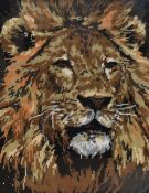20th Century, two embroidered needleworks, Tiger and Lion, both framed and under glass, each