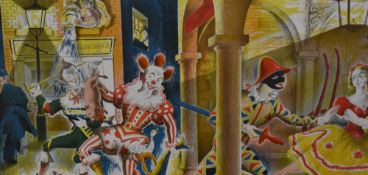 After Clarke Hutton (1898-1984, British), hand coloured print, 'Harlequinade', a colourful pantomime