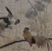 19th Century Chinese School, a silk embroidered panel depicting two fighting cockerels, framed,