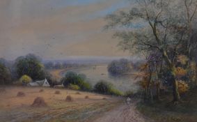 Attributed to Francis E. Jamieson (1895-1950, British), watercolour and gouache, A harvest landscape