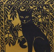20th Century, woodblock style print, An Egyptian cat with parrot, gold on black, framed and under