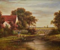 20th Century School, oil on canvas, A landscape depicting a lady feeding ducks beside a stream,