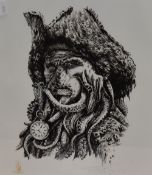 Contemporary, monochrome print, Davy Jones from The Pirates of the Caribbean, after a pen wash