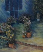 20th Century British School, pastel, A garden patio with pots of flowers, a vibrant and well