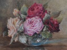 20th Century School, watercolour, A still life arrangement depicting roses in a clear glass bowl,