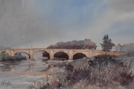 Clive Wylie (20th Century, British), watercolour, The picturesque stone arched bridge at