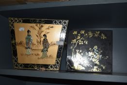 A Japanese lacquered box or trug, having handles to sides, painted decoration and raised composite