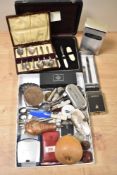 A miscellany of items, to include embossed copper shot flask, turned treen trinket box, Clipper