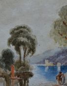 19th Century School, watercolour, A continental landscape depicting figures on a lake shore, framed,