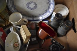 A heavy agate music box, a pair of vintage binoculars, a Yashiaon 1:2.8 F=4.5cm camera, a blue and