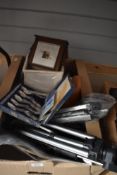 A salt stone lamp, two photography tripods, a square lamp shade, a 1920s style barometer and a cased