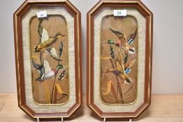 R.Arienda (20th Century, Continental), a pair of leaf paintings depicting ducks, signed to the lower