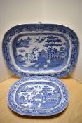 A large 19th century blue and white transfer-printed Willow Pattern meat plate or ashette, with