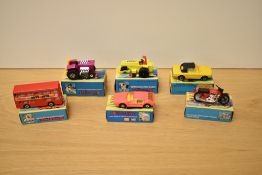 Six 1970-72 Matchbox die-casts, No6 Mercedes 350SL, No17 The Londoner, No18 Hondarora, No20
