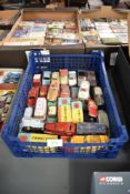 A box of Corgi playworn die-casts including 226 Morris Minor in red and original box, 252 Rover 2000