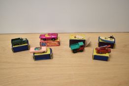 Six Matchbox die-casts, Moko Lesney No9 Dennis Fire Engine, No39 Ford Zodiac Convertible, No48
