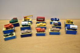 Fourteen 1965-68 Matchbox Lesney die-casts, No 5 London Bus, No 11 Jumbo Crane, No 12 Safari Land