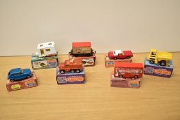 Seven 1974-82 Matchbox die-casts, No16 Badger, No17 The Londoner, No21 Renault 5TL, No25 Flat Car/