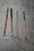 Nine Hickory Shafted vintage Golf Clubs, J A Steer Blackpool x4, Putter, Mashie and two mid Irons,